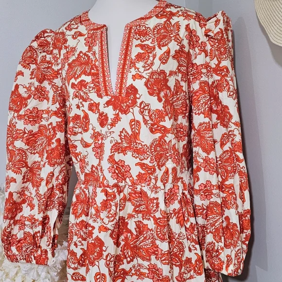 Avara Malanie Orange Allover Floral Print Cotton Puff Sleeve Fall Dress - Picture 4 of 9